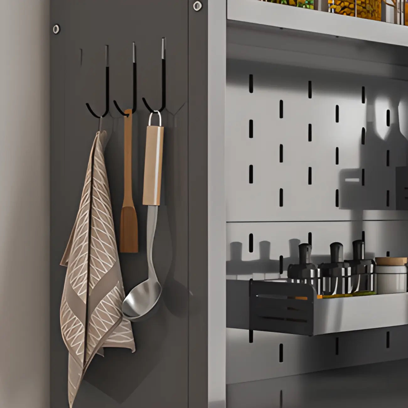 Modern Steel Multi-Shelf Sideboard with Pegboard Back