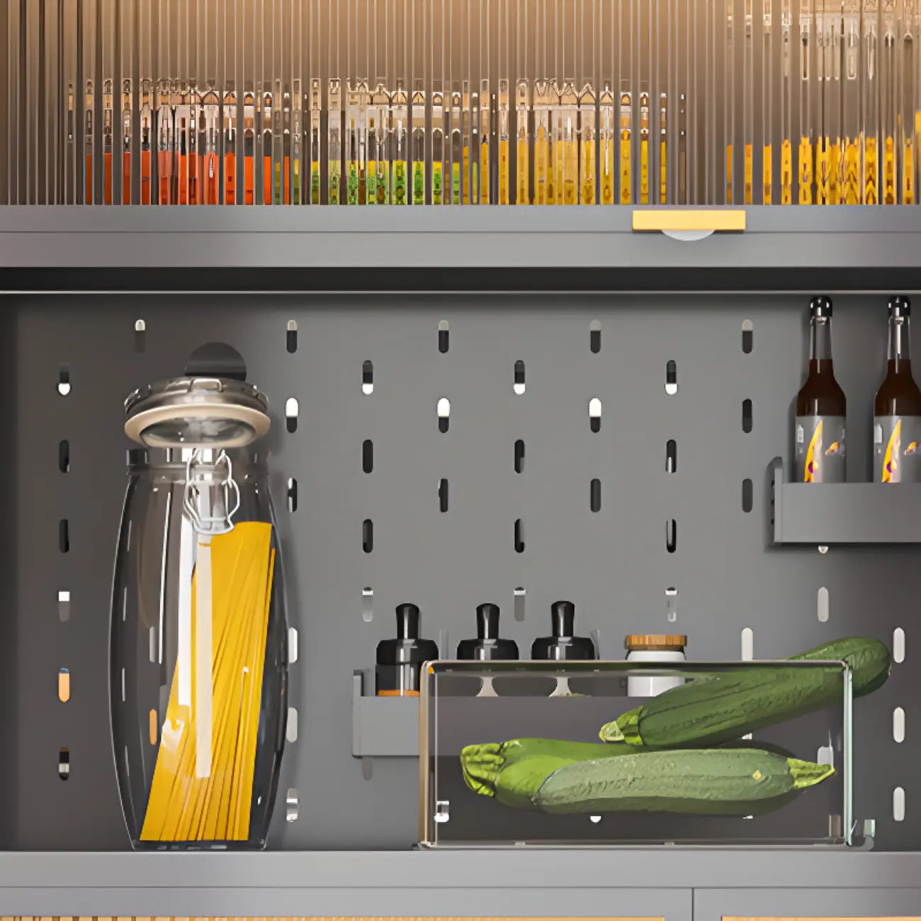 Modern Steel Multi-Shelf Sideboard with Pegboard Back