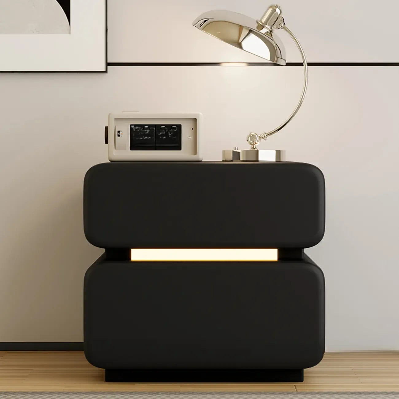Modern Black Leather Top  2 Drawers Accent Nightstand