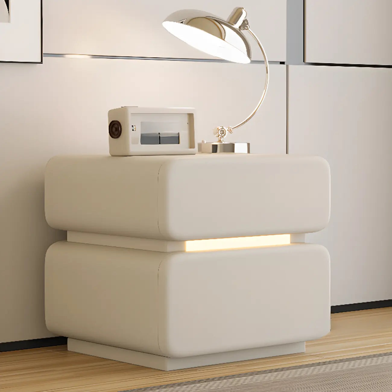 Modern Black Leather Top  2 Drawers Accent Nightstand