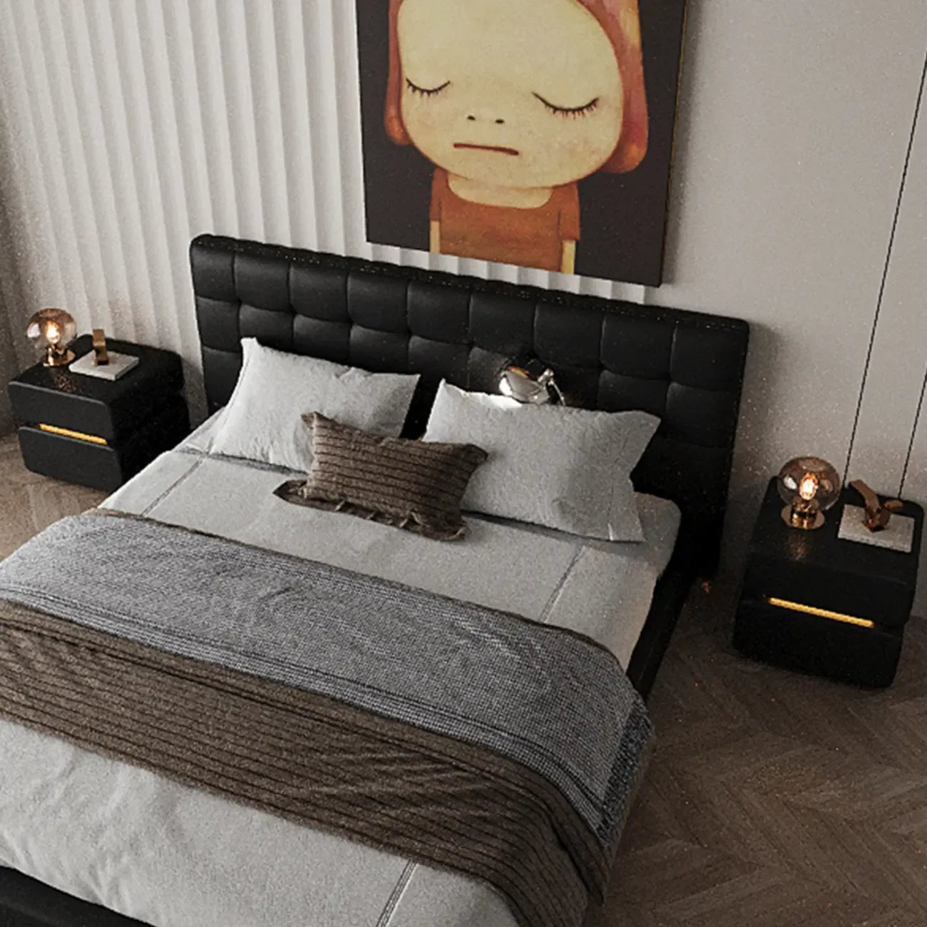 Modern Black Leather Top  2 Drawers Accent Nightstand