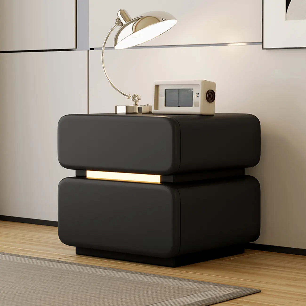 Modern Black Leather Top  2 Drawers Accent Nightstand