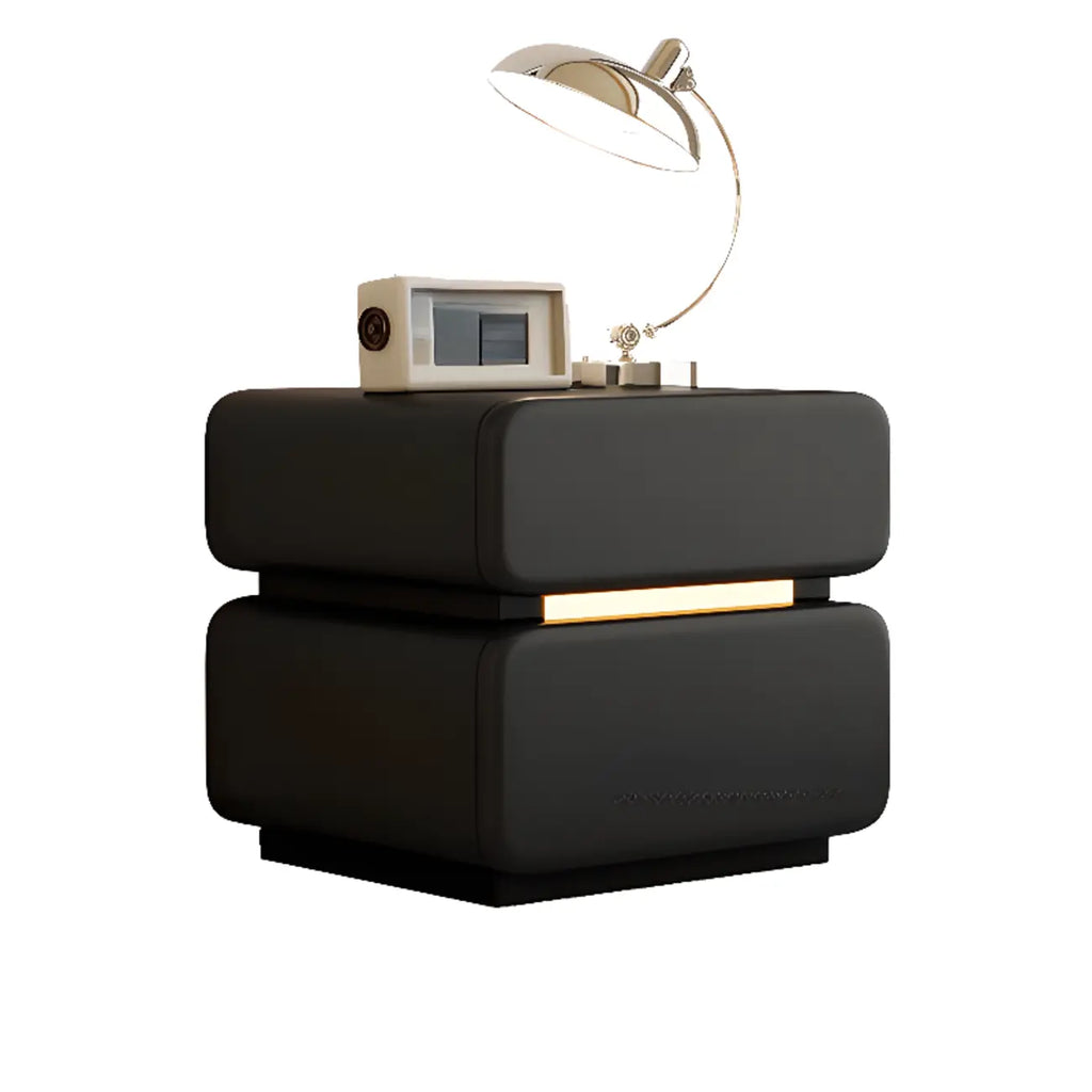 Modern Black Leather Top  2 Drawers Accent Nightstand