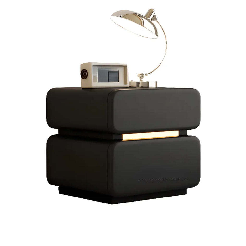 Modern Black Leather Top  2 Drawers Accent Nightstand