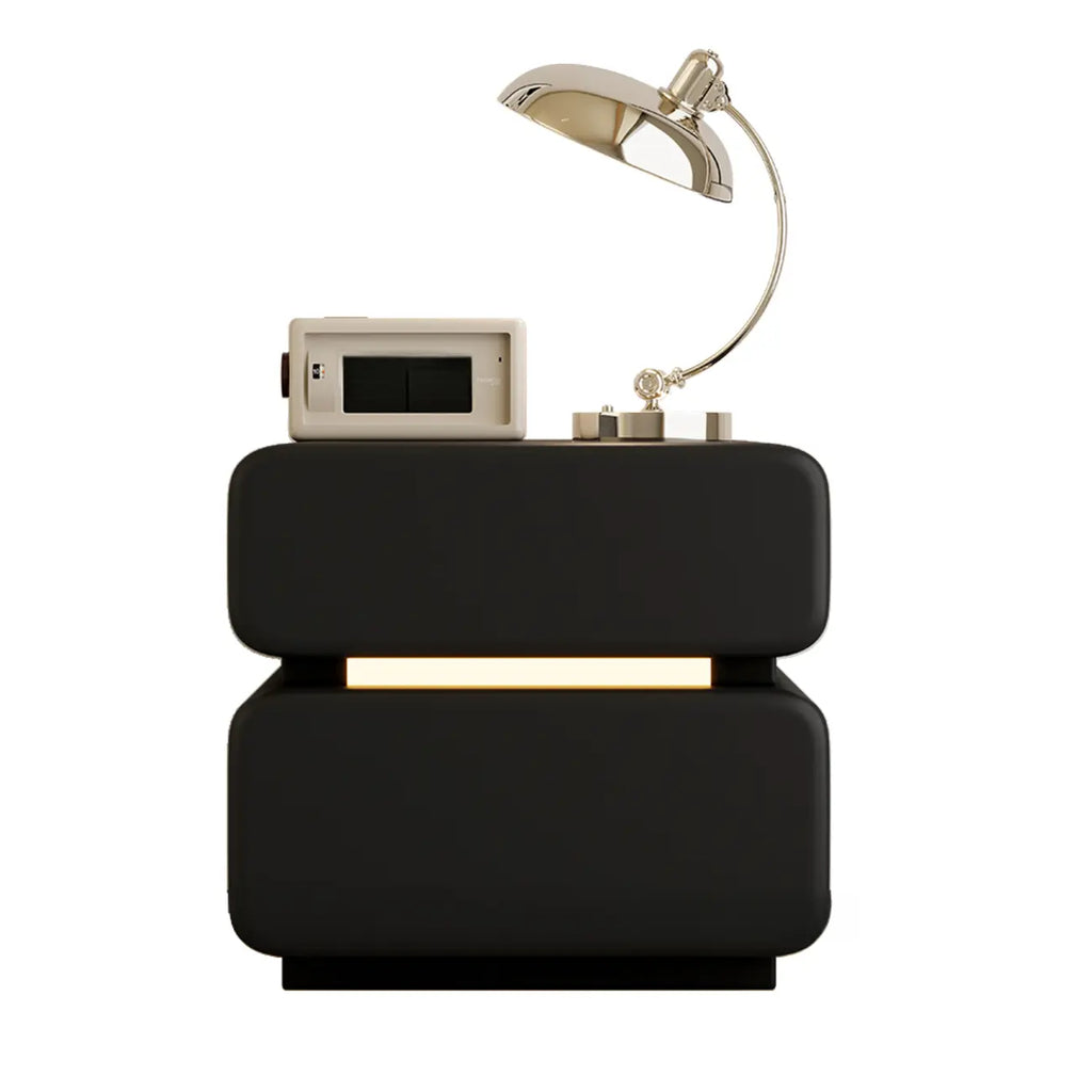Modern Black Leather Top  2 Drawers Accent Nightstand