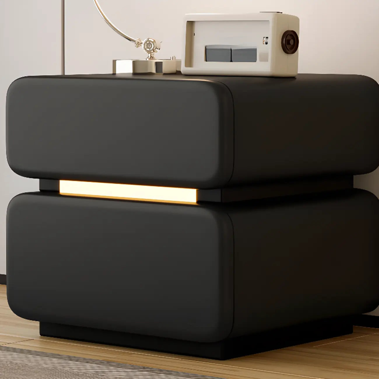 Modern Black Leather Top  2 Drawers Accent Nightstand