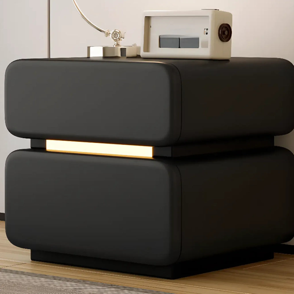 Modern Black Leather Top  2 Drawers Accent Nightstand