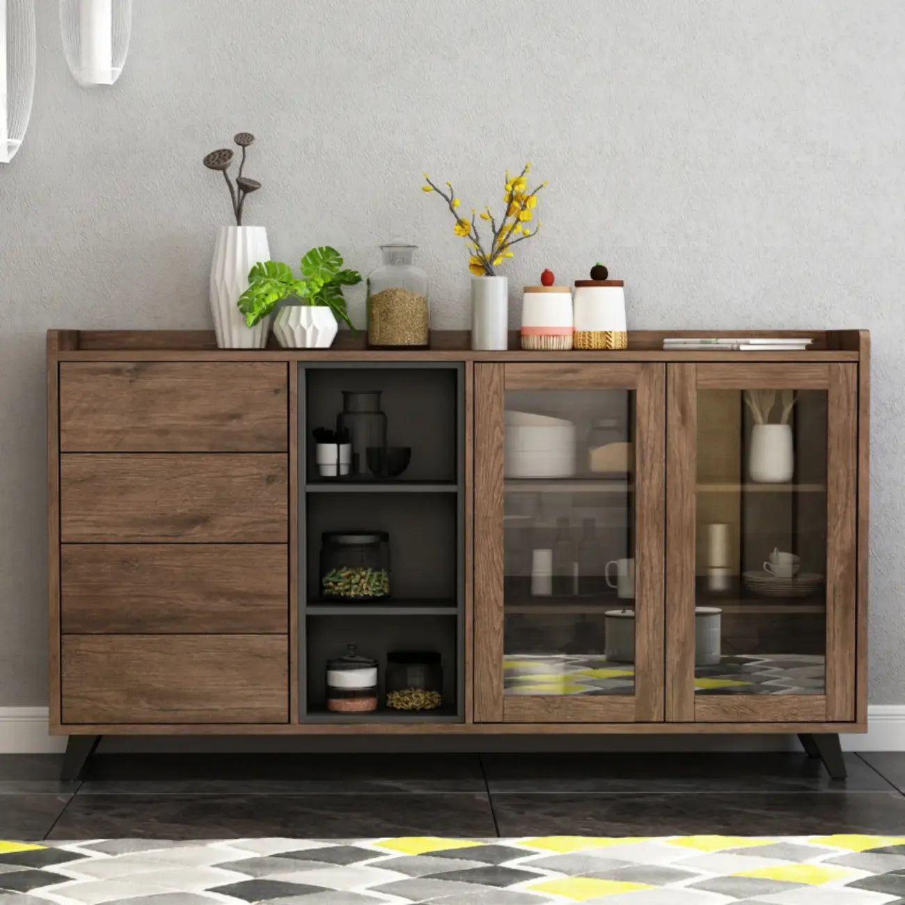 4-Drawer Taupe Wood Sideboard with Glass Doors