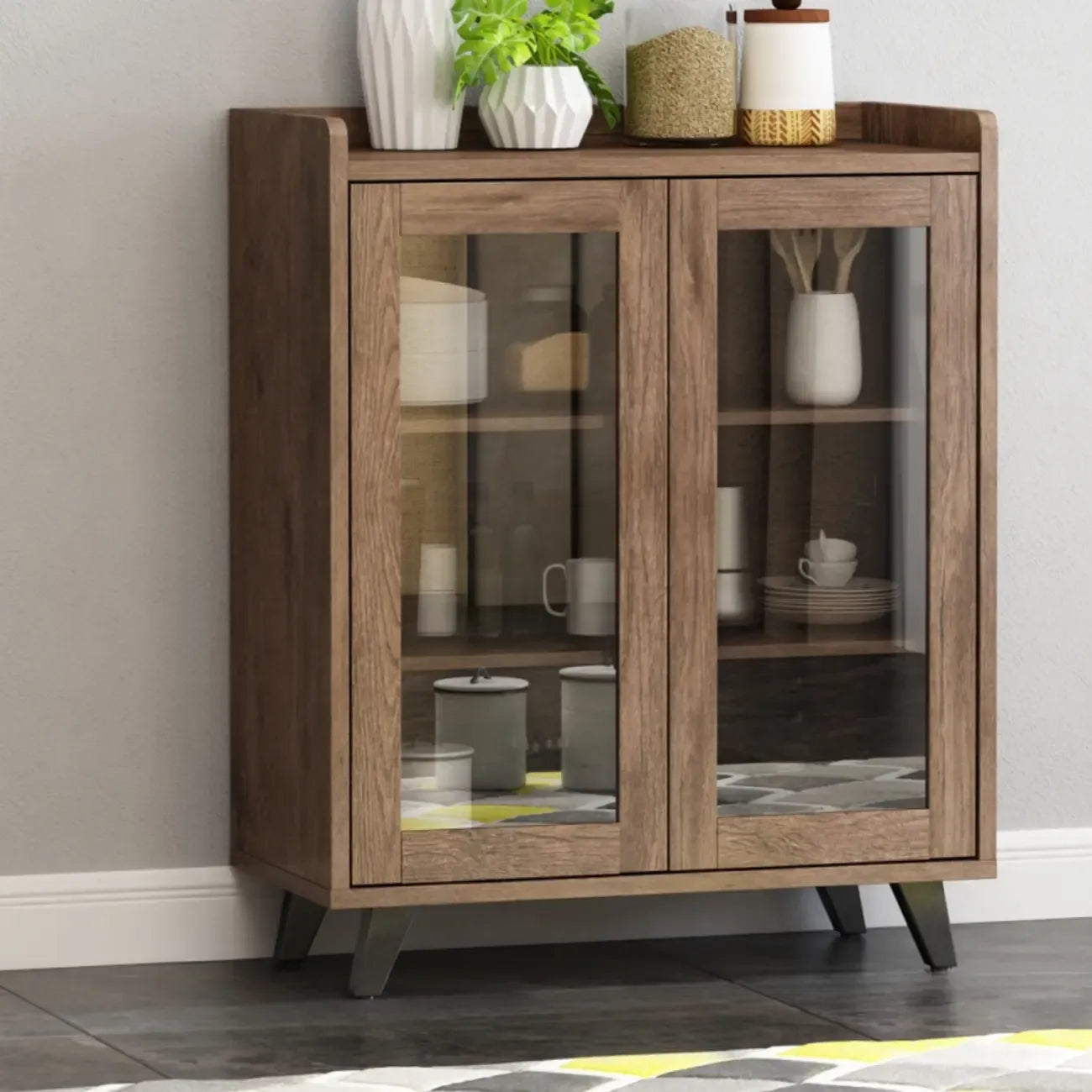 4-Drawer Taupe Wood Sideboard with Glass Doors