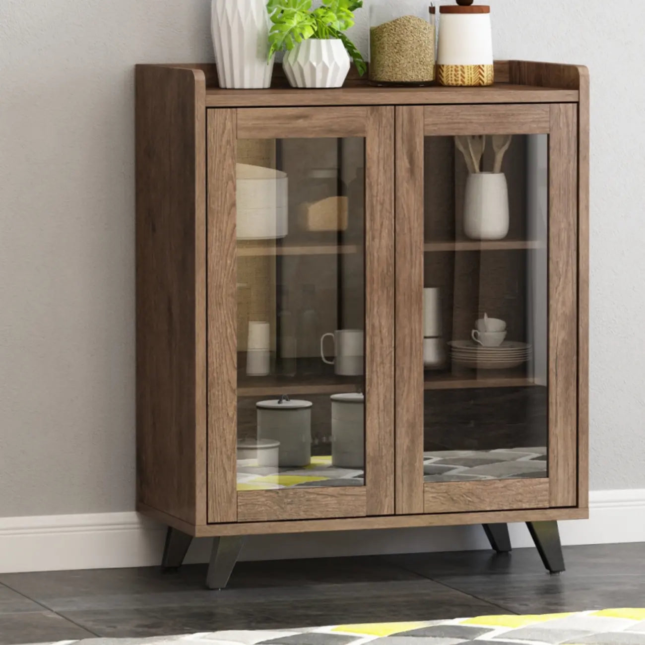 4-Drawer Taupe Wood Sideboard with Glass Doors