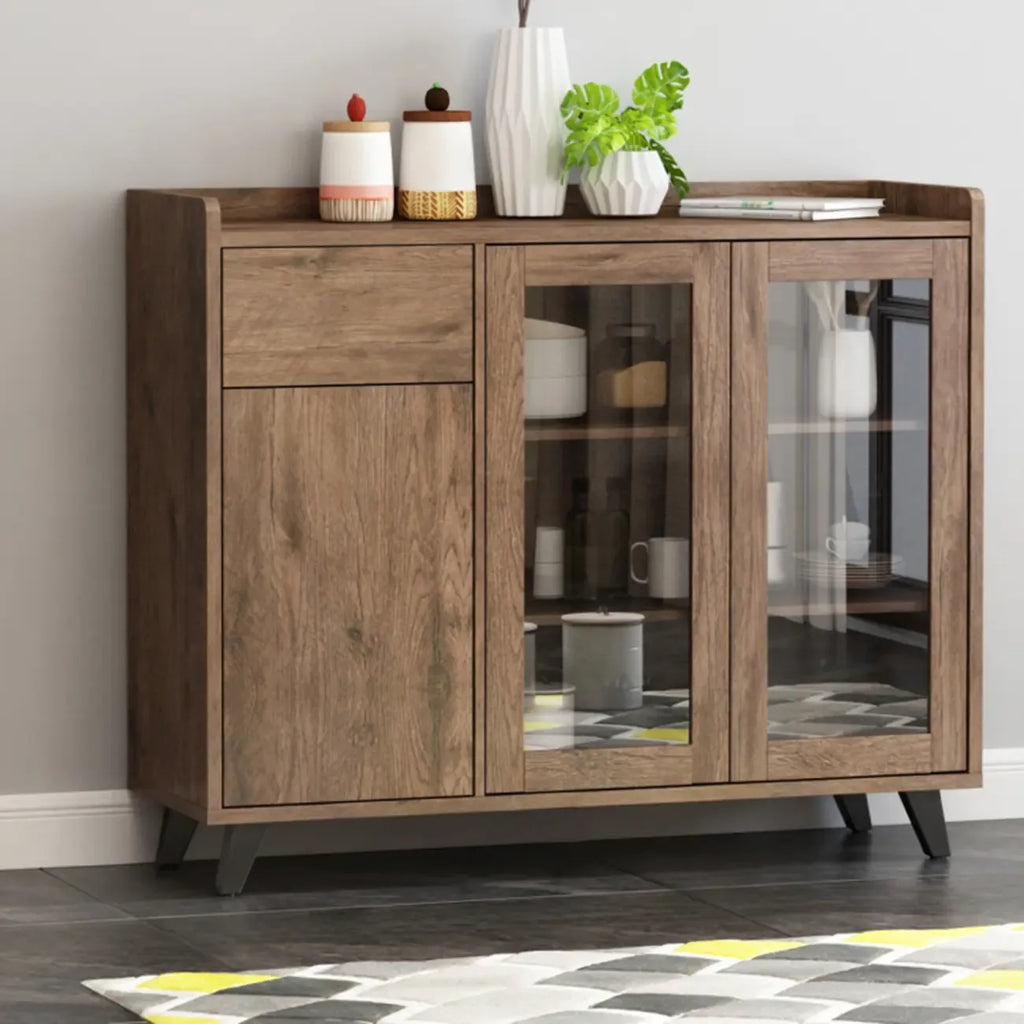 4-Drawer Taupe Wood Sideboard with Glass Doors