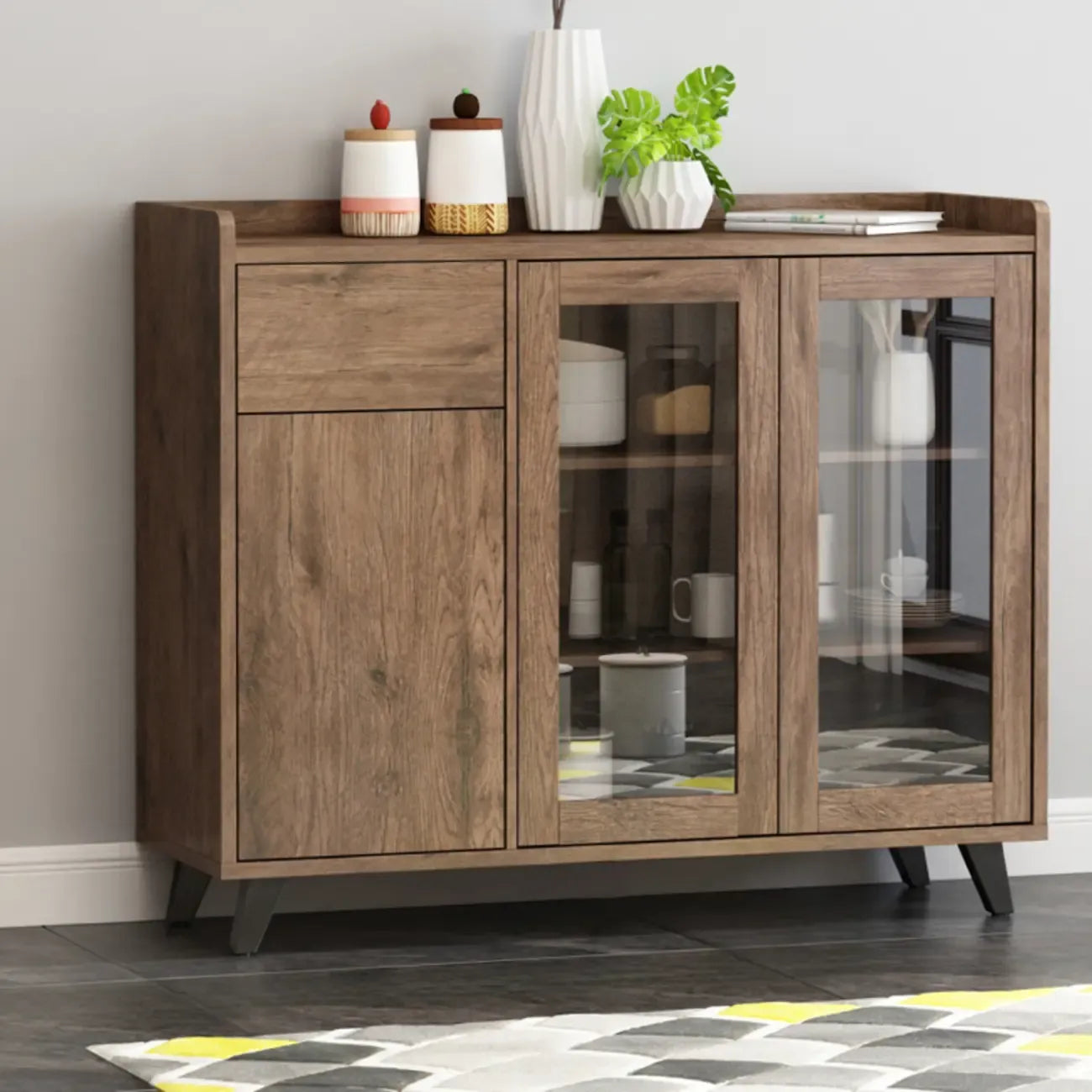 4-Drawer Taupe Wood Sideboard with Glass Doors