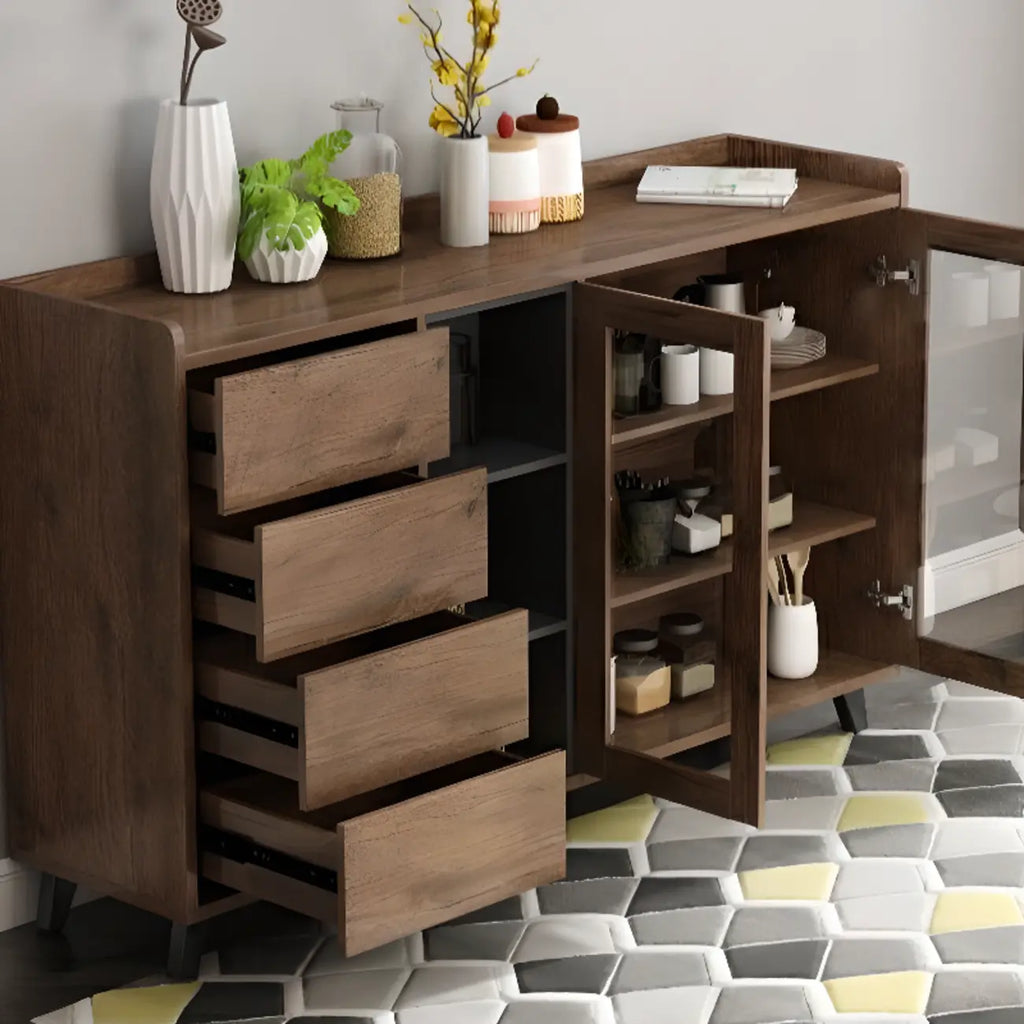 4-Drawer Taupe Wood Sideboard with Glass Doors