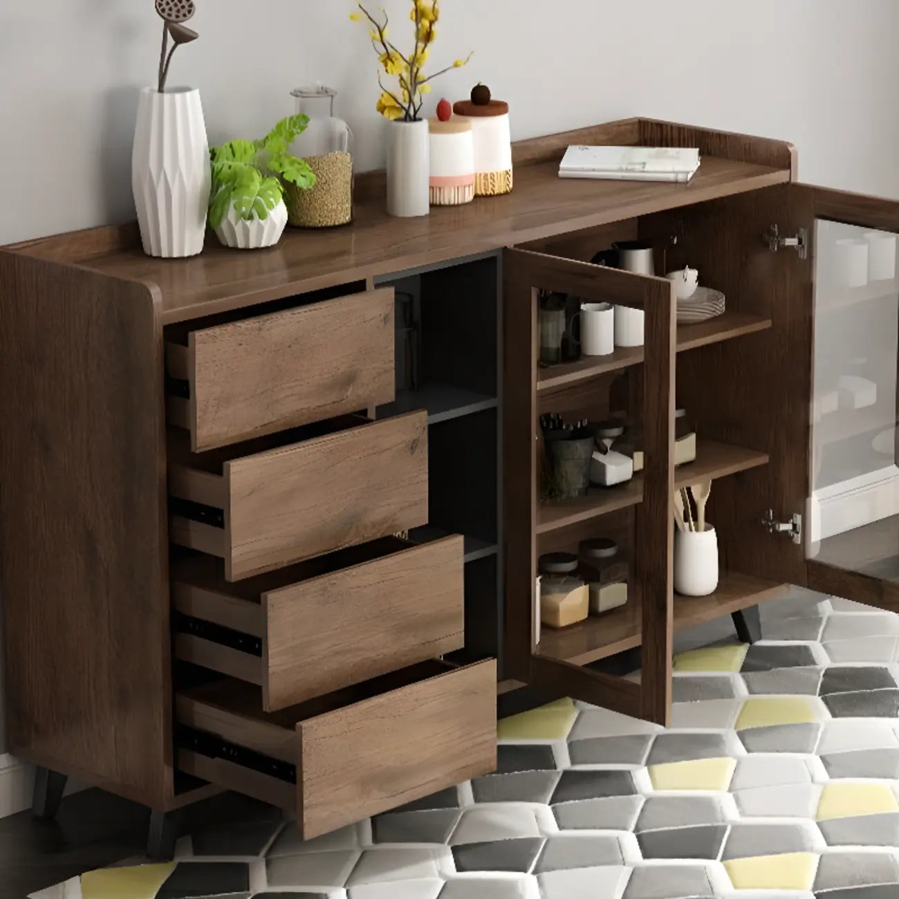 4-Drawer Taupe Wood Sideboard with Glass Doors