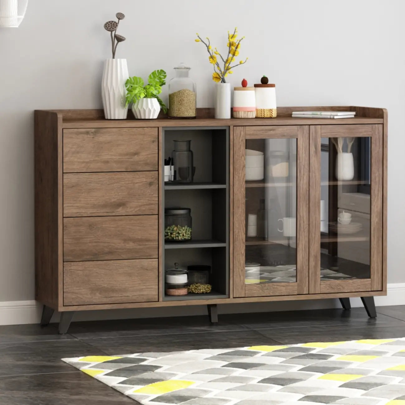 4-Drawer Taupe Wood Sideboard with Glass Doors
