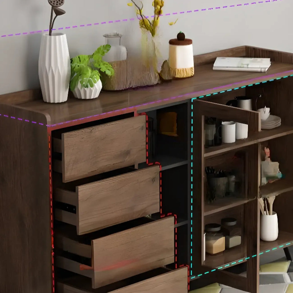 4-Drawer Taupe Wood Sideboard with Glass Doors