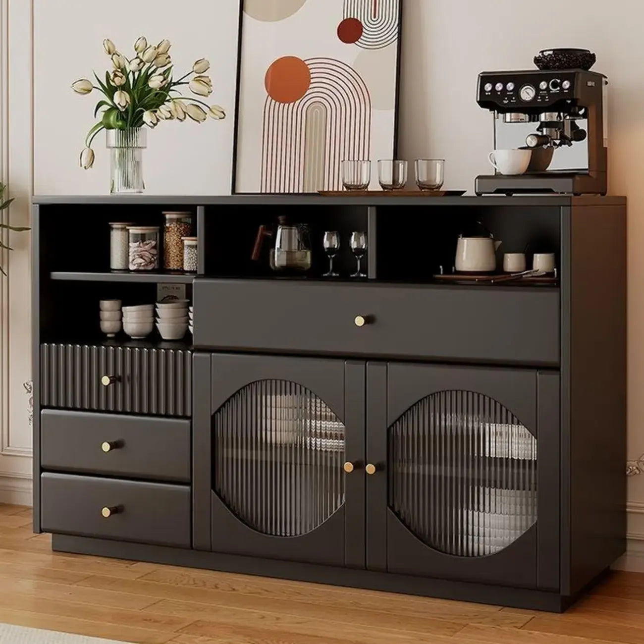 Art Deco Black Wood 4 Drawers Sideboard with Glass Doors