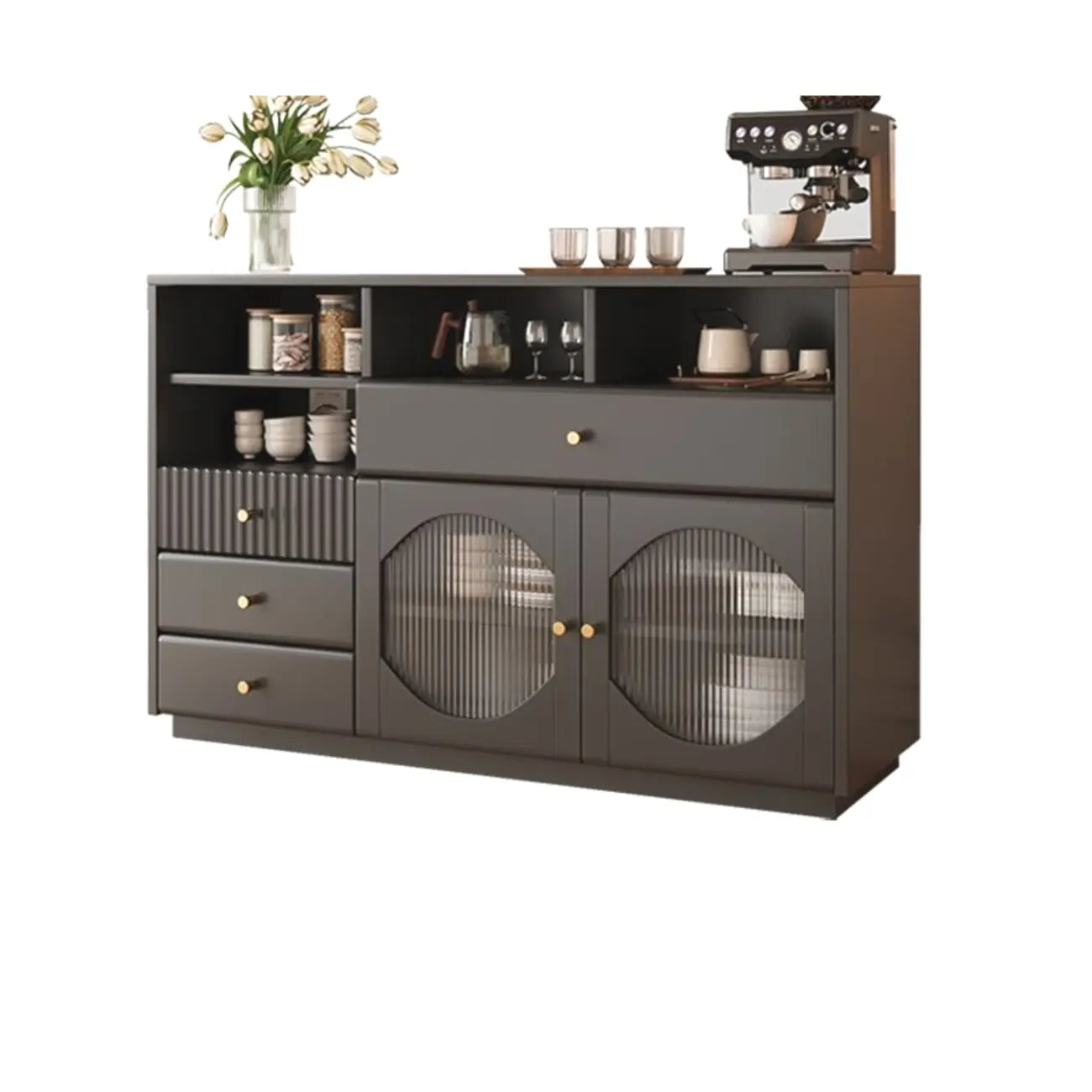 Art Deco Black Wood 4 Drawers Sideboard with Glass Doors