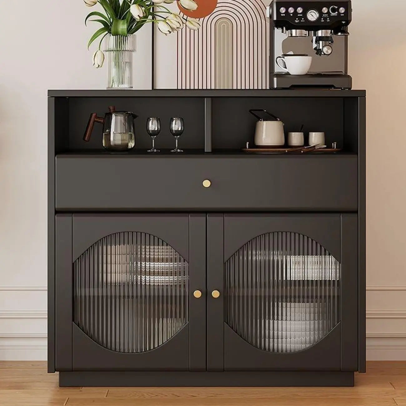 Art Deco Black Wood 4 Drawers Sideboard with Glass Doors