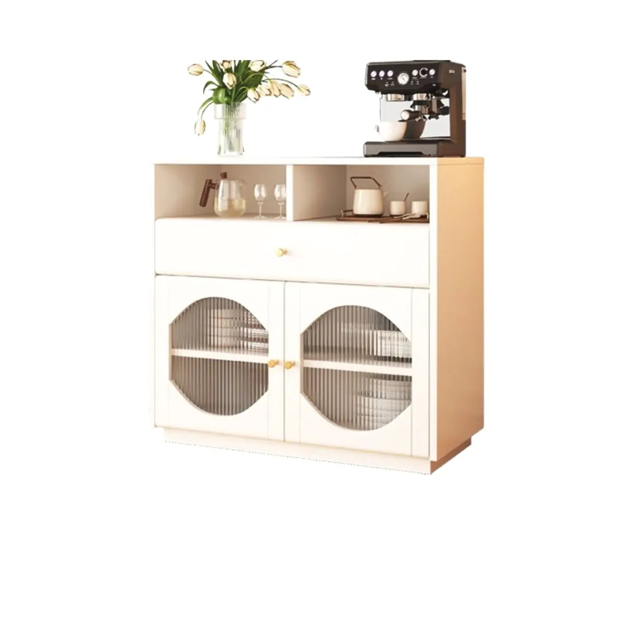 Art Deco Black Wood 4 Drawers Sideboard with Glass Doors