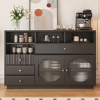 Art Deco Black Wood 4 Drawers Sideboard with Glass Doors