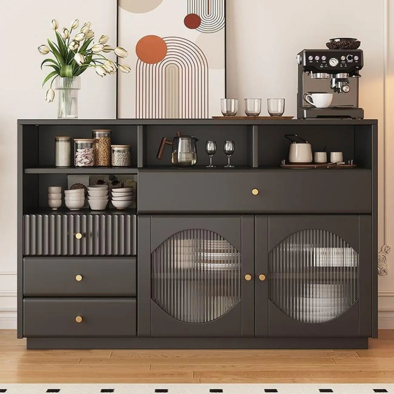 Art Deco Black Wood 4 Drawers Sideboard with Glass Doors