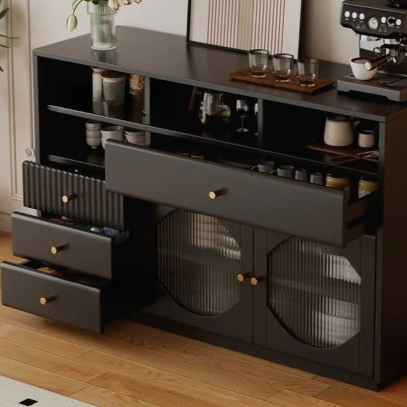 Art Deco Black Wood 4 Drawers Sideboard with Glass Doors