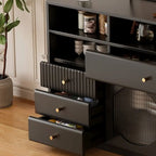 Art Deco Black Wood 4 Drawers Sideboard with Glass Doors