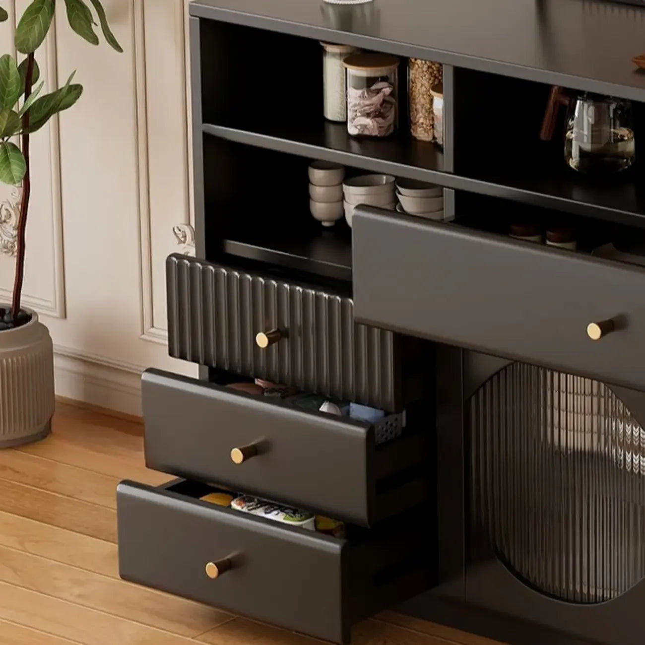 Art Deco Black Wood 4 Drawers Sideboard with Glass Doors