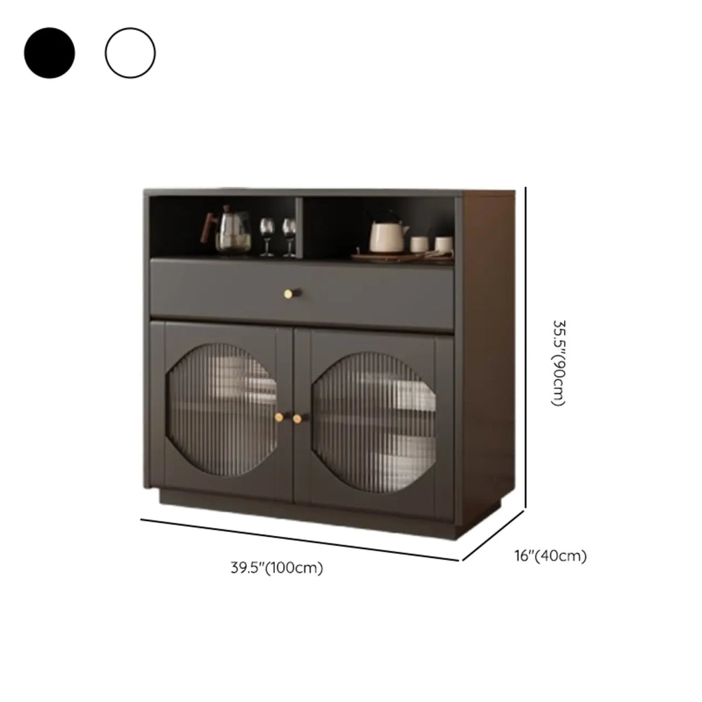 Art Deco Black Wood 4 Drawers Sideboard with Glass Doors