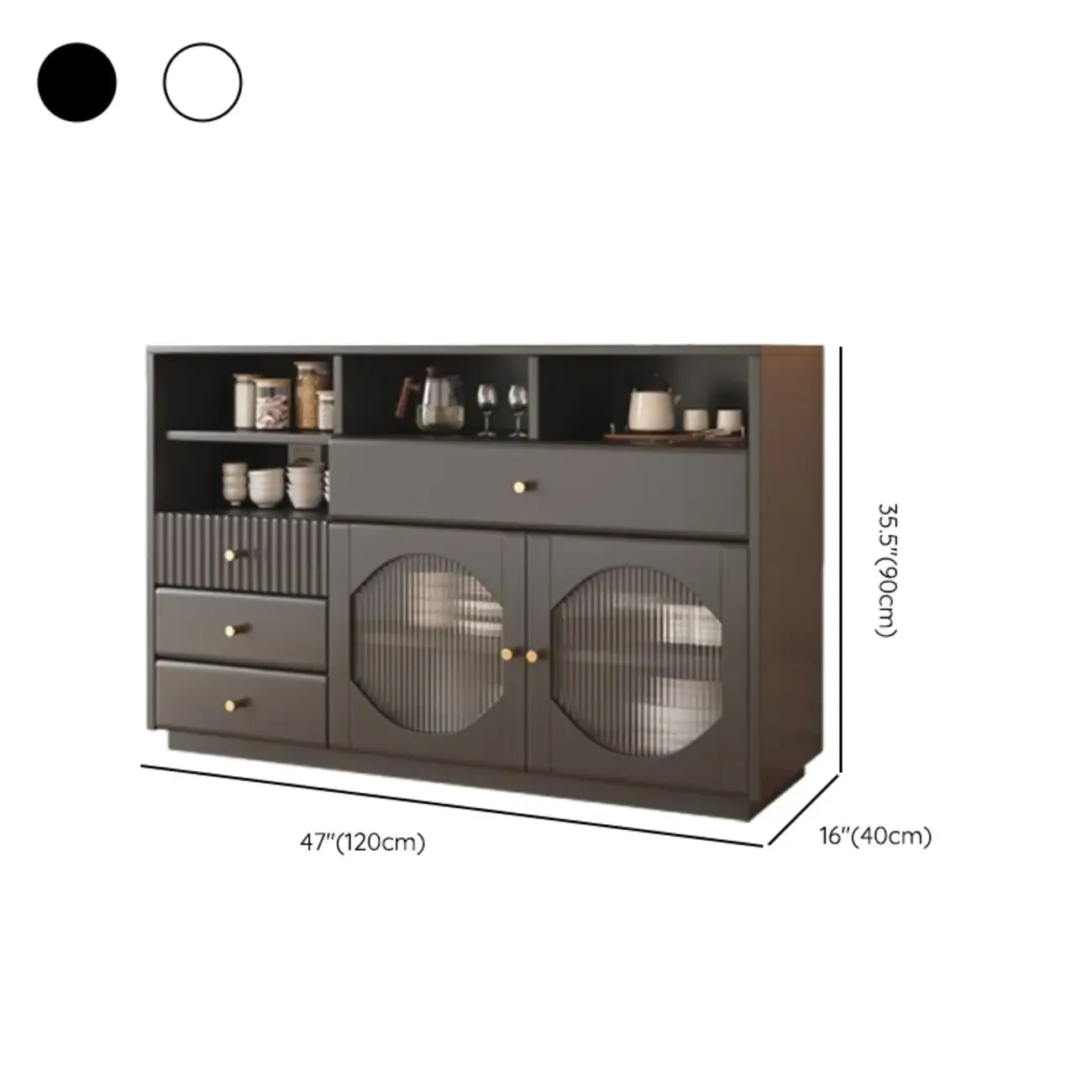 Art Deco Black Wood 4 Drawers Sideboard with Glass Doors