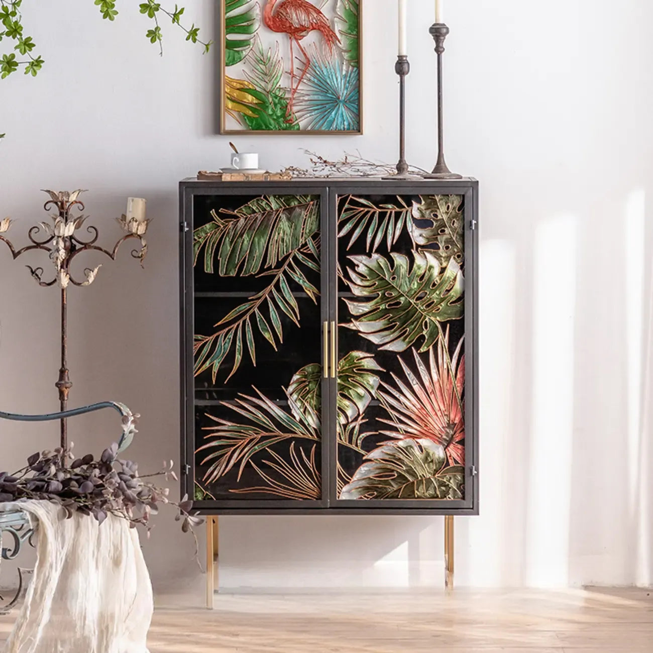Plant Pattern Glass Door Storage Sideboard with Gold Legs