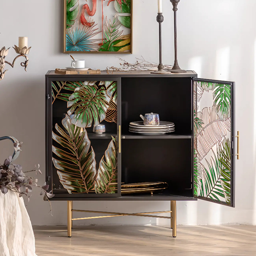Plant Pattern Glass Door Storage Sideboard with Gold Legs