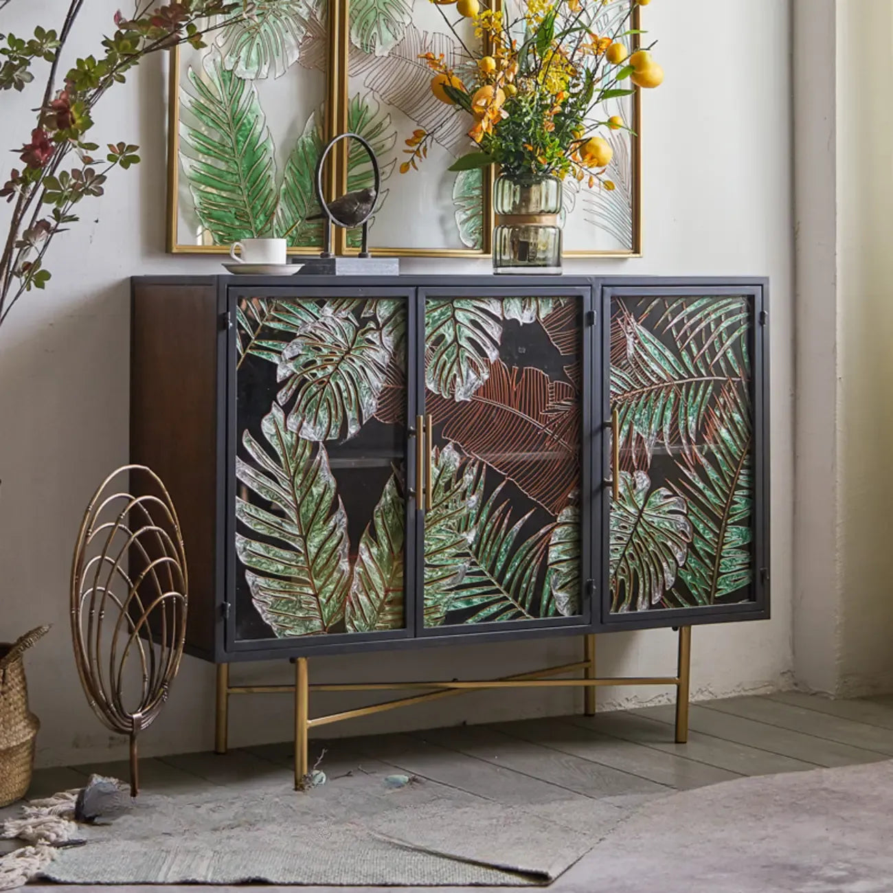 Plant Pattern Glass Door Storage Sideboard with Gold Legs