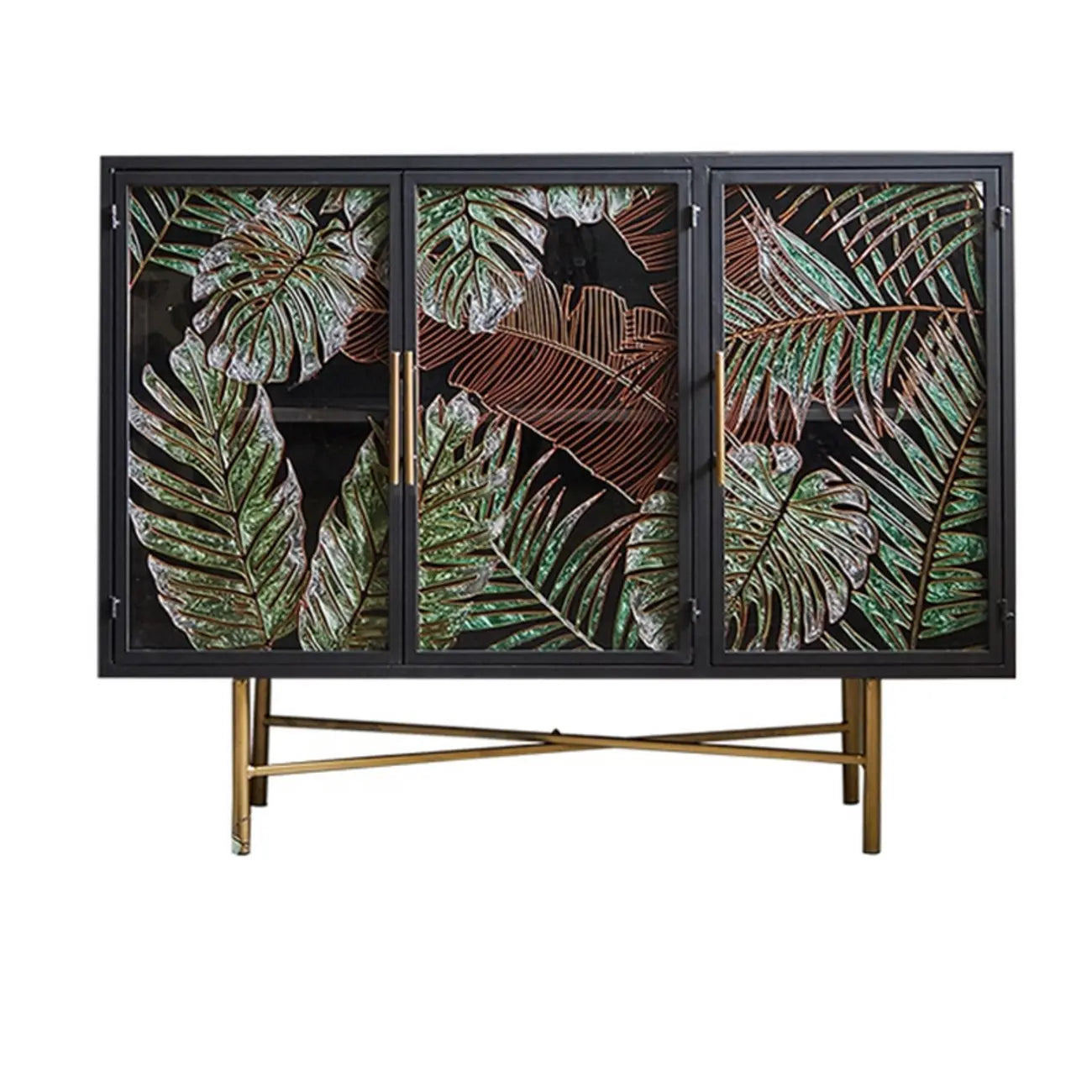 Plant Pattern Glass Door Storage Sideboard with Gold Legs