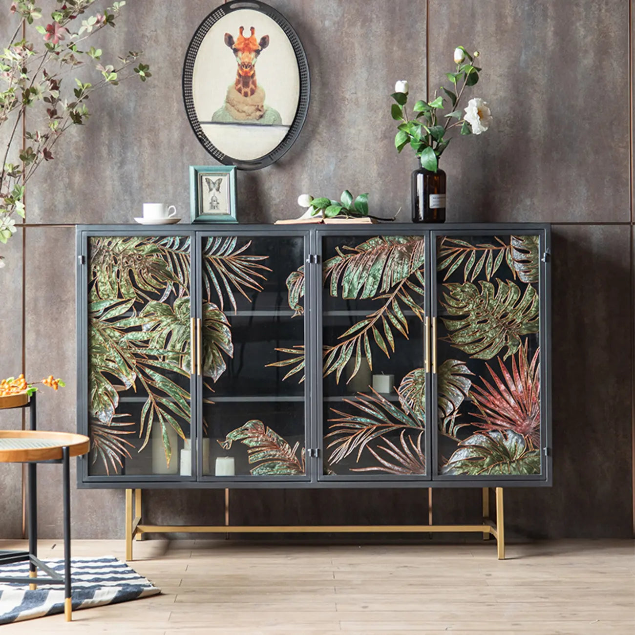 Plant Pattern Glass Door Storage Sideboard with Gold Legs