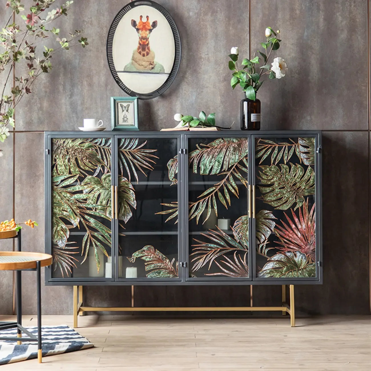 Plant Pattern Glass Door Storage Sideboard with Gold Legs