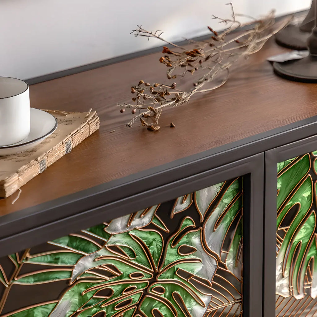 Plant Pattern Glass Door Storage Sideboard with Gold Legs