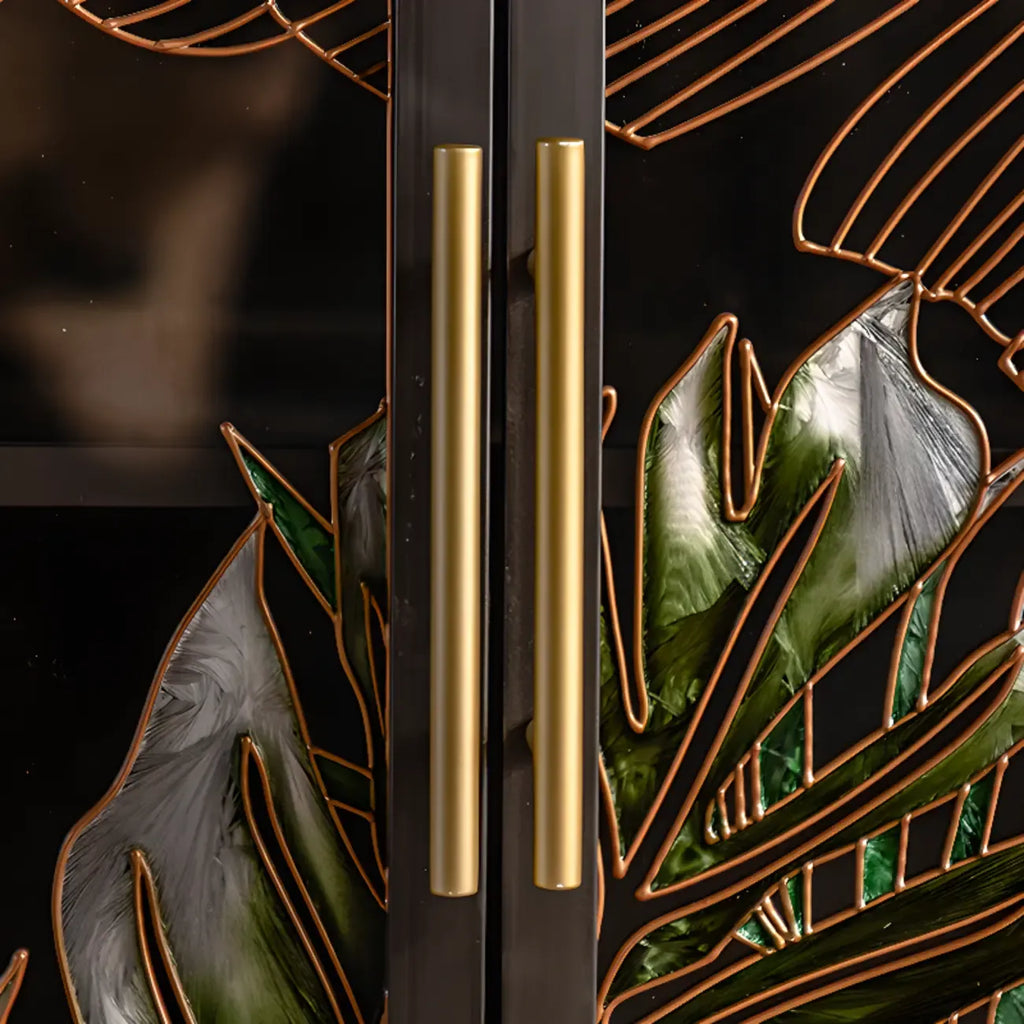 Plant Pattern Glass Door Storage Sideboard with Gold Legs
