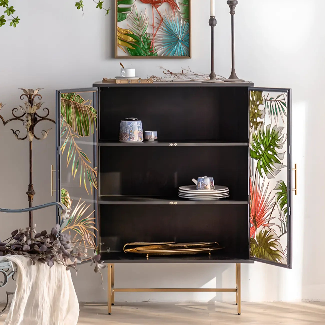 Plant Pattern Glass Door Storage Sideboard with Gold Legs