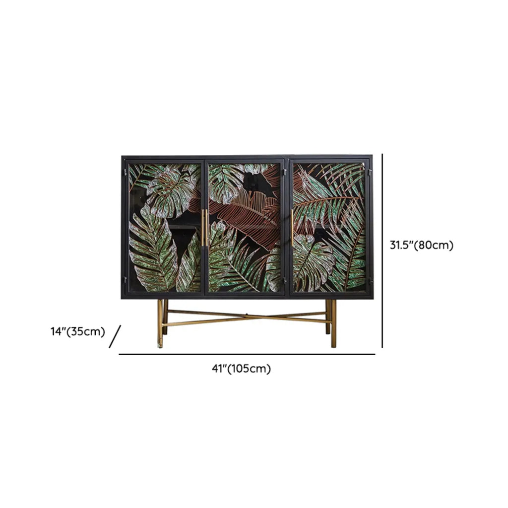 Plant Pattern Glass Door Storage Sideboard with Gold Legs