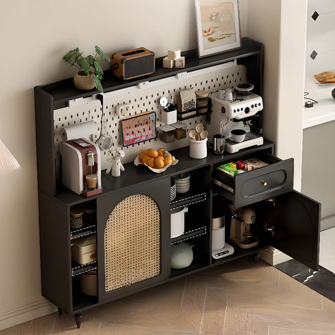 Kitchen Espresso Wood Black Rattan Door Sideboard