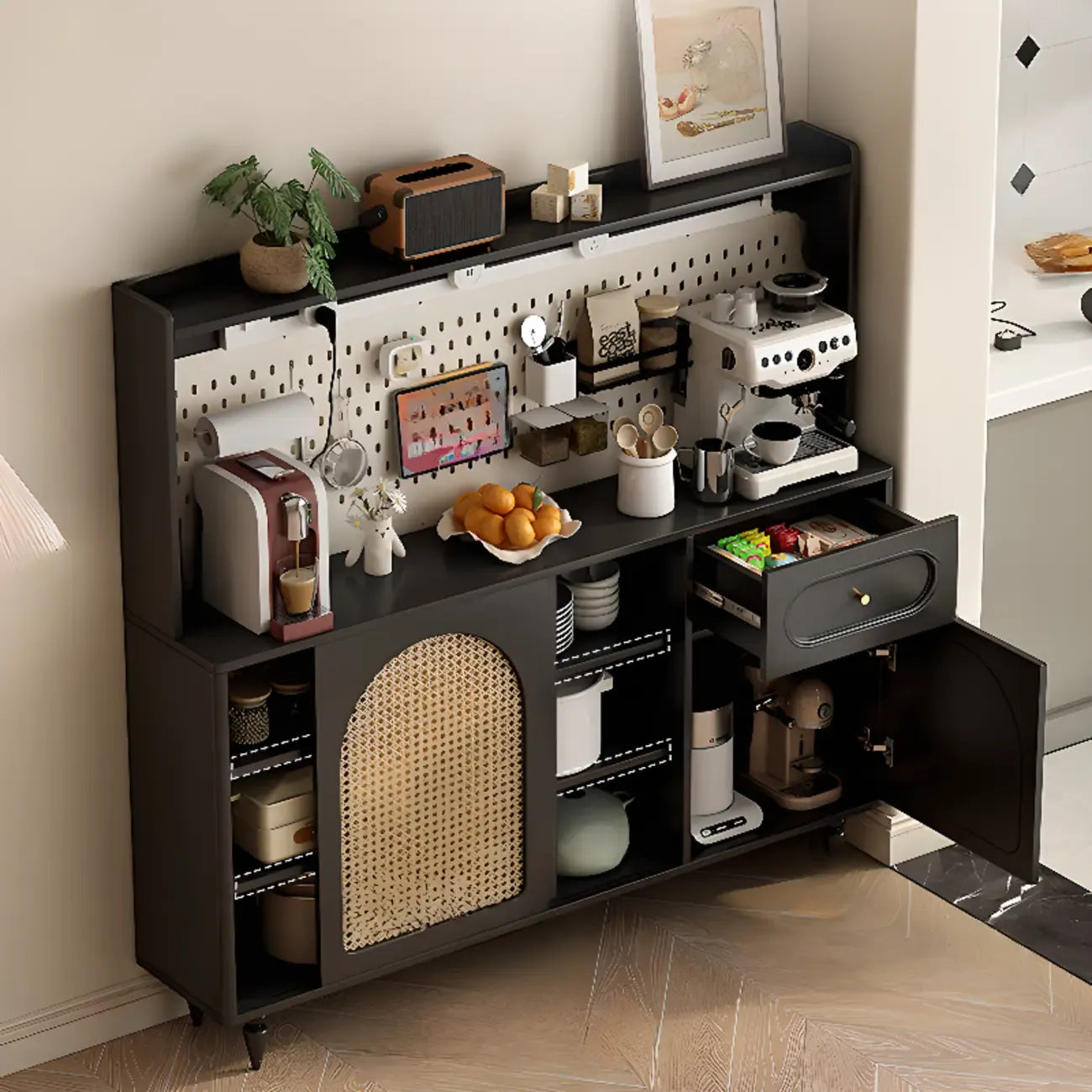 Kitchen Espresso Wood Black Rattan Door Sideboard