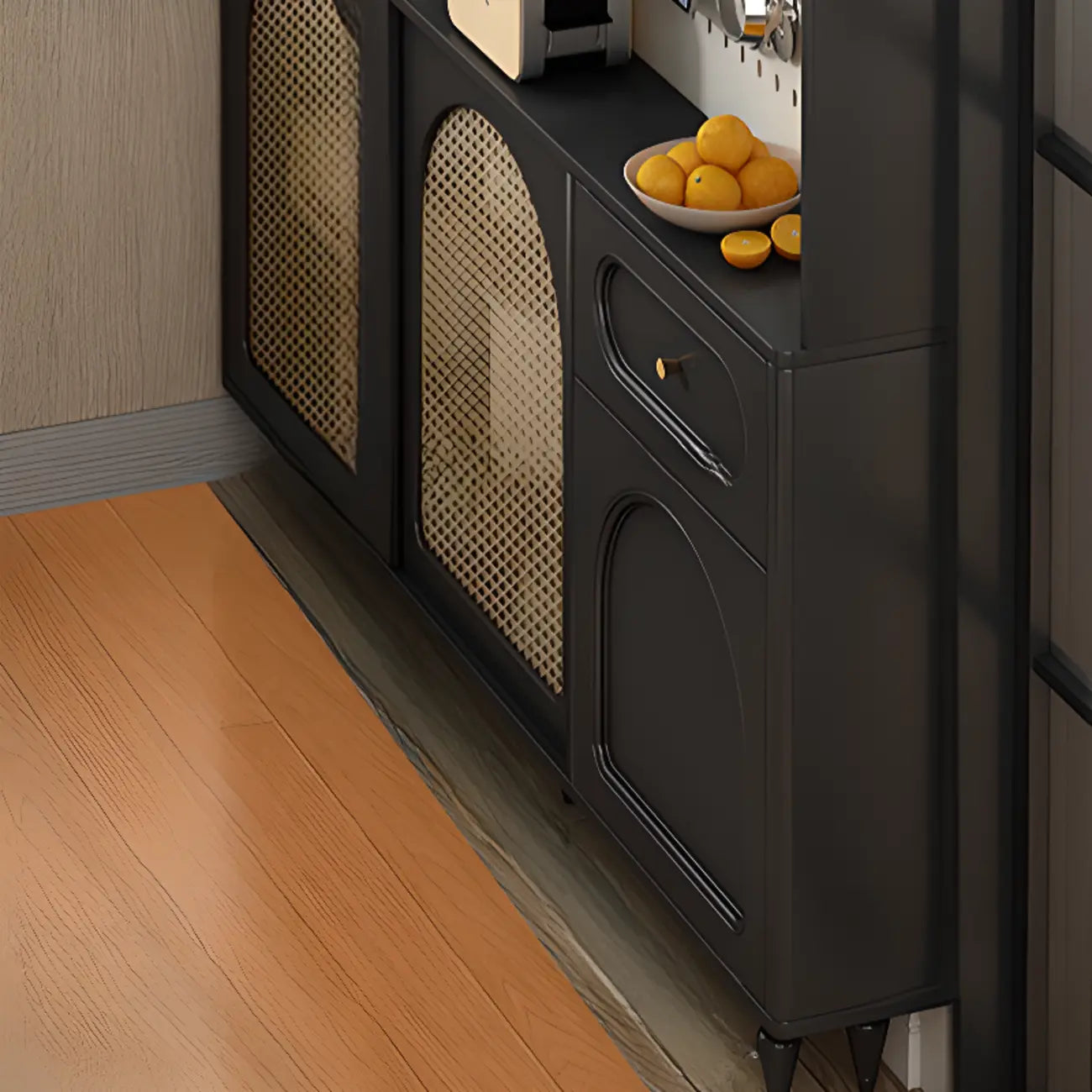 Kitchen Espresso Wood Black Rattan Door Sideboard