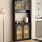 Kitchen Espresso Wood Black Rattan Door Sideboard
