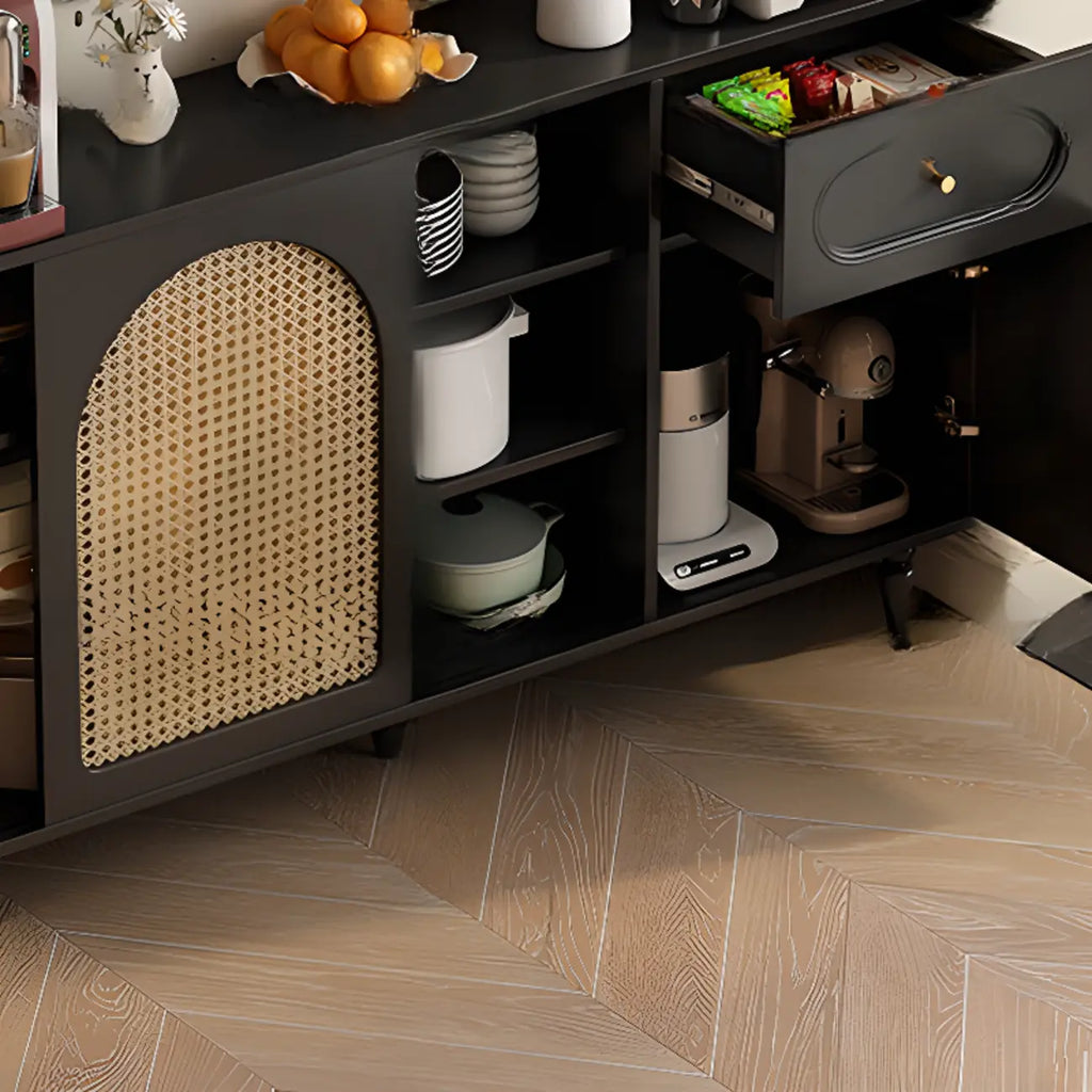 Kitchen Espresso Wood Black Rattan Door Sideboard