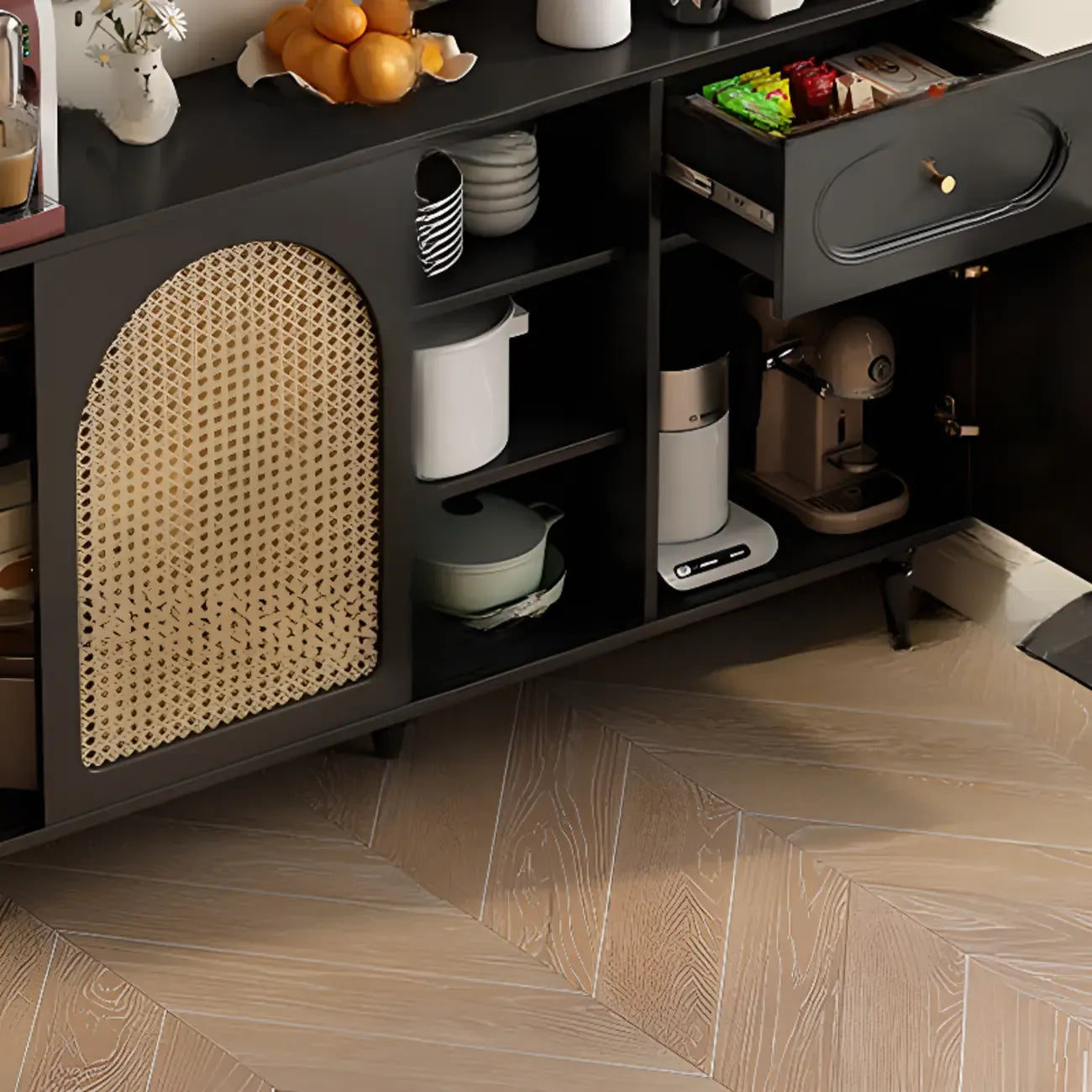 Kitchen Espresso Wood Black Rattan Door Sideboard