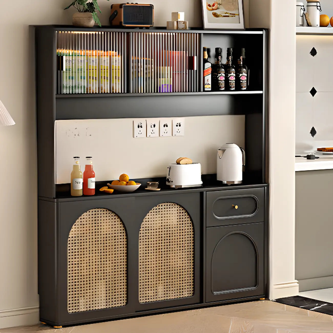 Kitchen Espresso Wood Black Rattan Door Sideboard