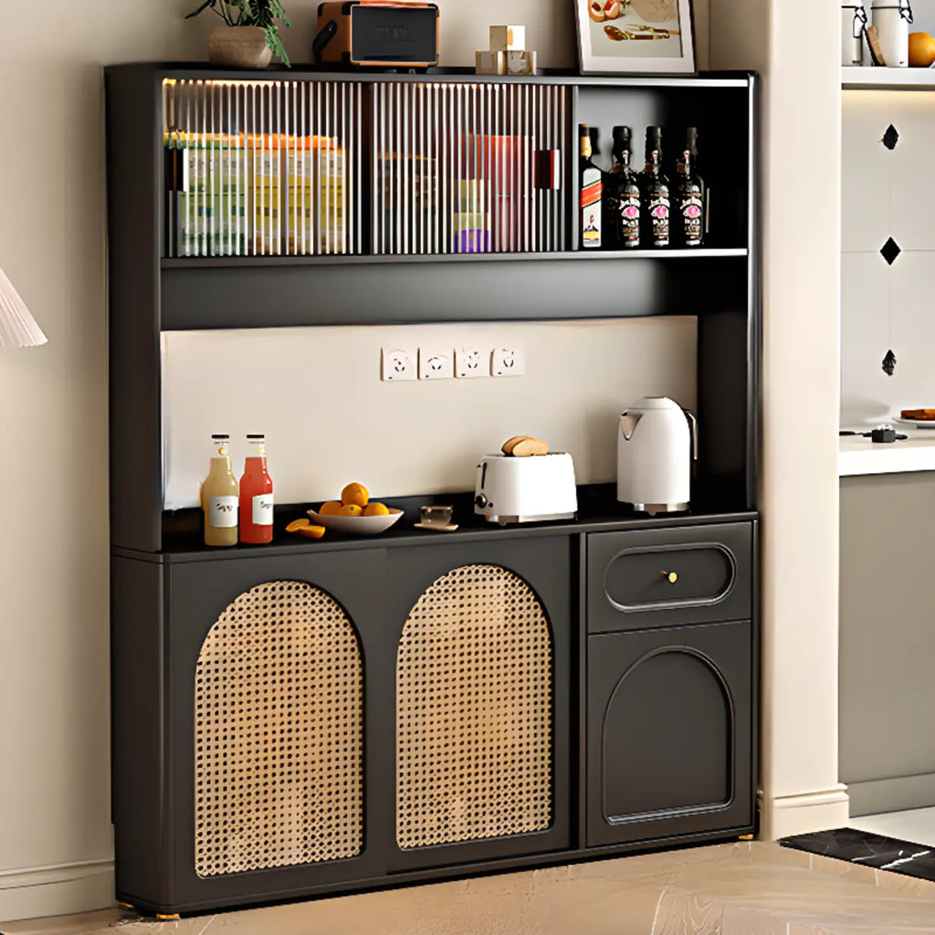 Kitchen Espresso Wood Black Rattan Door Sideboard