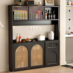 Kitchen Espresso Wood Black Rattan Door Sideboard
